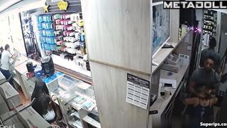 A seductive saleswoman sexually satisfies a security guard