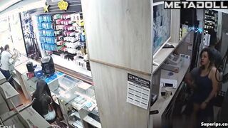 A seductive saleswoman sexually satisfies a security guard
