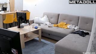 The guy made a whole fountain of cum on his skinny girlfriend's small tits
