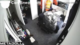 Curvy milf hugging her husband during his lunch break