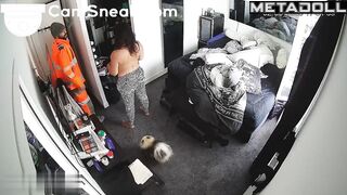 Curvy milf hugging her husband during his lunch break