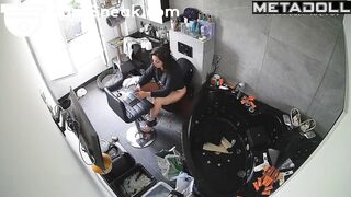 Brunette argues with husband while sitting over the toilet