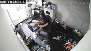 Brunette argues with husband while sitting over the toilet