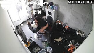 Brunette argues with husband while sitting over the toilet