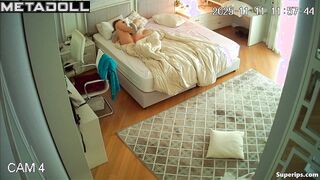 Sexy teen girl relaxes without panties with her shaved pussy lubricated