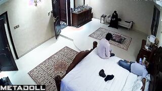 An unskilled Arab woman tries to play with two men's cocks