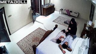 An unskilled Arab woman tries to play with two men's cocks