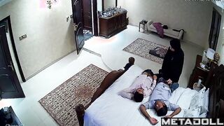 An unskilled Arab woman tries to play with two men's cocks