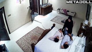 An unskilled Arab woman tries to play with two men's cocks