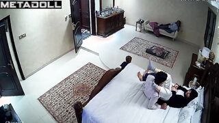 An unskilled Arab woman tries to play with two men's cocks