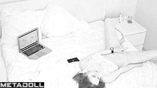 Young beauty masturbates while watching a bearded TV show host