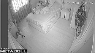 Young lady pleasing herself on the cozy bed, solo
