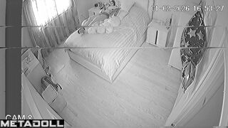Young lady pleasing herself on the cozy bed, solo