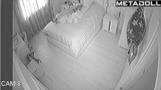 Young lady pleasing herself on the cozy bed, solo