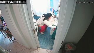 Young brunette peeing and brushing her teeth at the same time