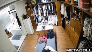 Brunette walking around the room naked and is already a little cold
