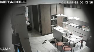 Bald guy kissing his sexy young wife - living room tape