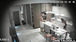 Bald guy kissing his sexy young wife - living room tape