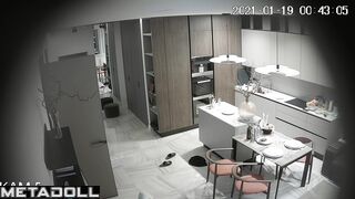 Bald guy kissing his sexy young wife - living room tape