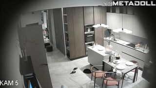 Bald guy kissing his sexy young wife - living room tape