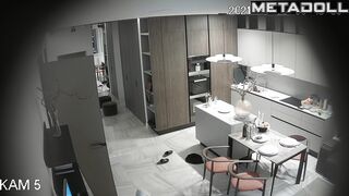 Bald guy kissing his sexy young wife - living room tape