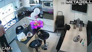 Young couple skipped lessons and kissed in the kitchen