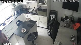 Redhead lady came to the kitchen to eat, spy camera