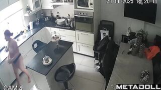 Redhead lady came to the kitchen to eat, spy camera