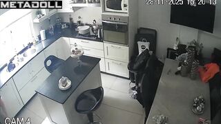 Redhead lady came to the kitchen to eat, spy camera