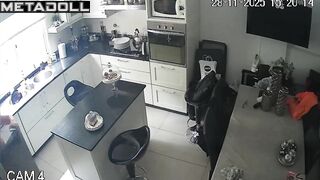 Redhead lady came to the kitchen to eat, spy camera