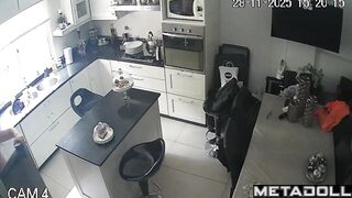 Redhead lady came to the kitchen to eat, spy camera