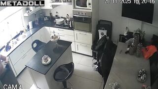 Redhead lady came to the kitchen to eat, spy camera