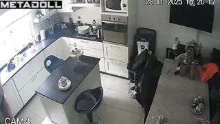 Redhead lady came to the kitchen to eat, spy camera
