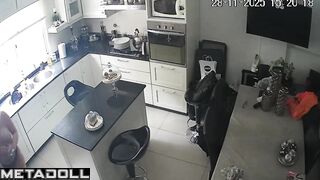 Redhead lady came to the kitchen to eat, spy camera