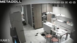 Horny husband kissing his naked wife in the living room