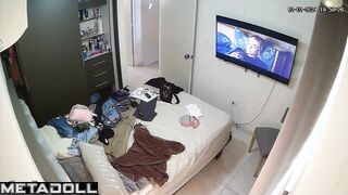 She masturbating looking at her pussy in the mirror