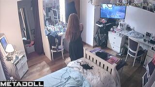 Young redhead lady and her lonely evening, home tape