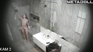 Brunette washed her beautiful young body for a long time