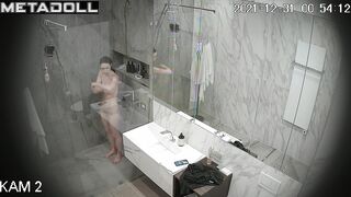 Brunette washed her beautiful young body for a long time