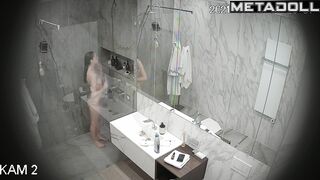 Young brunette washed her firm body thoroughly, look
