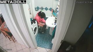Serious phone conversation on the toilet, solo scene