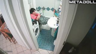 Serious phone conversation on the toilet, solo scene