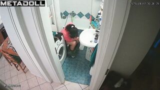 Serious phone conversation on the toilet, solo scene