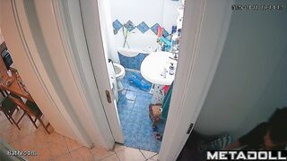 Many eyes are watching this brunette during morning toilet