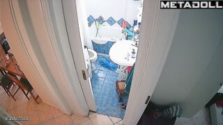 Many eyes are watching this brunette during morning toilet