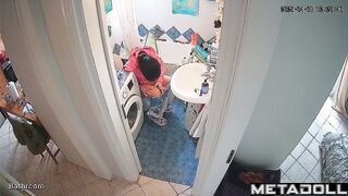 Lady's sitting on the toilet in funny pajamas, look