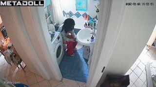 She sits on the toilet too much, bathroom hidden cam