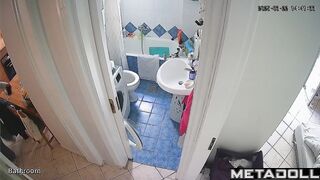 Brunette enjoys taking a break from her family in the toilet