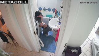 Brunette enjoys taking a break from her family in the toilet
