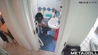Brunette enjoys taking a break from her family in the toilet